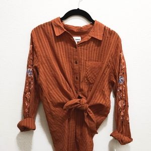 Embroidered Western Button Down Shirt Orange